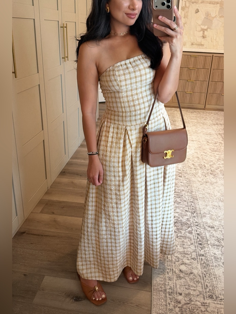 Strapless Gingham checkered Maxi Dress - Cream & tan - Picture 7 of 7